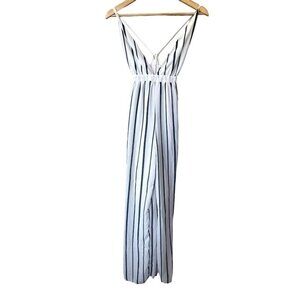 Windsor White Striped Long Black Sz S‎ V Neck Wide Leg Spring Summer Jumpsuit
